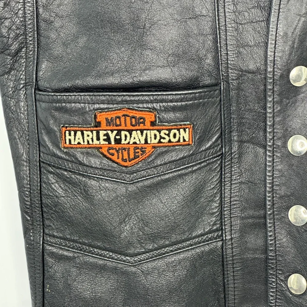Vintage 70s AMF Harley-Davidson Leather Biker Vest Men M Canvas Patch Bar Shield